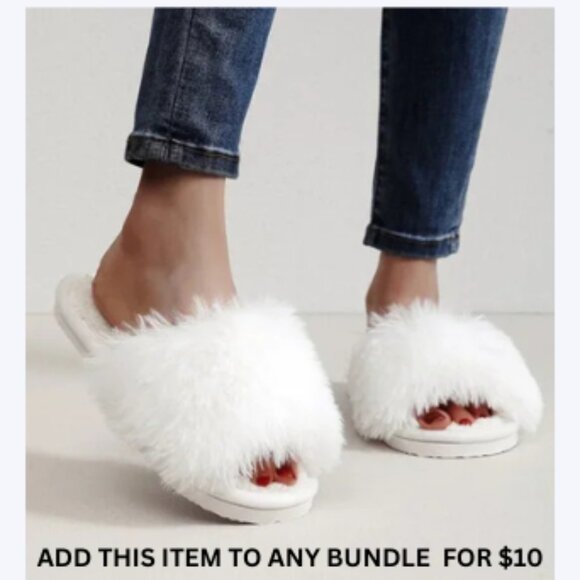 $10 ADD ON ITEM- Fluffy Plush Open Toe White Winter Slippers Slip On Flat Women - Picture 1 of 5